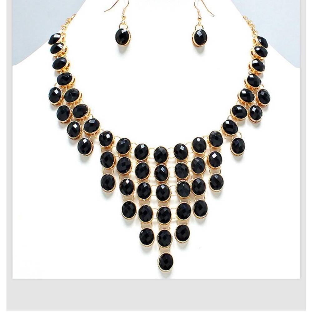 Black Gold Necklace Earrings Set Bib Statement Women Fashion Jewelry